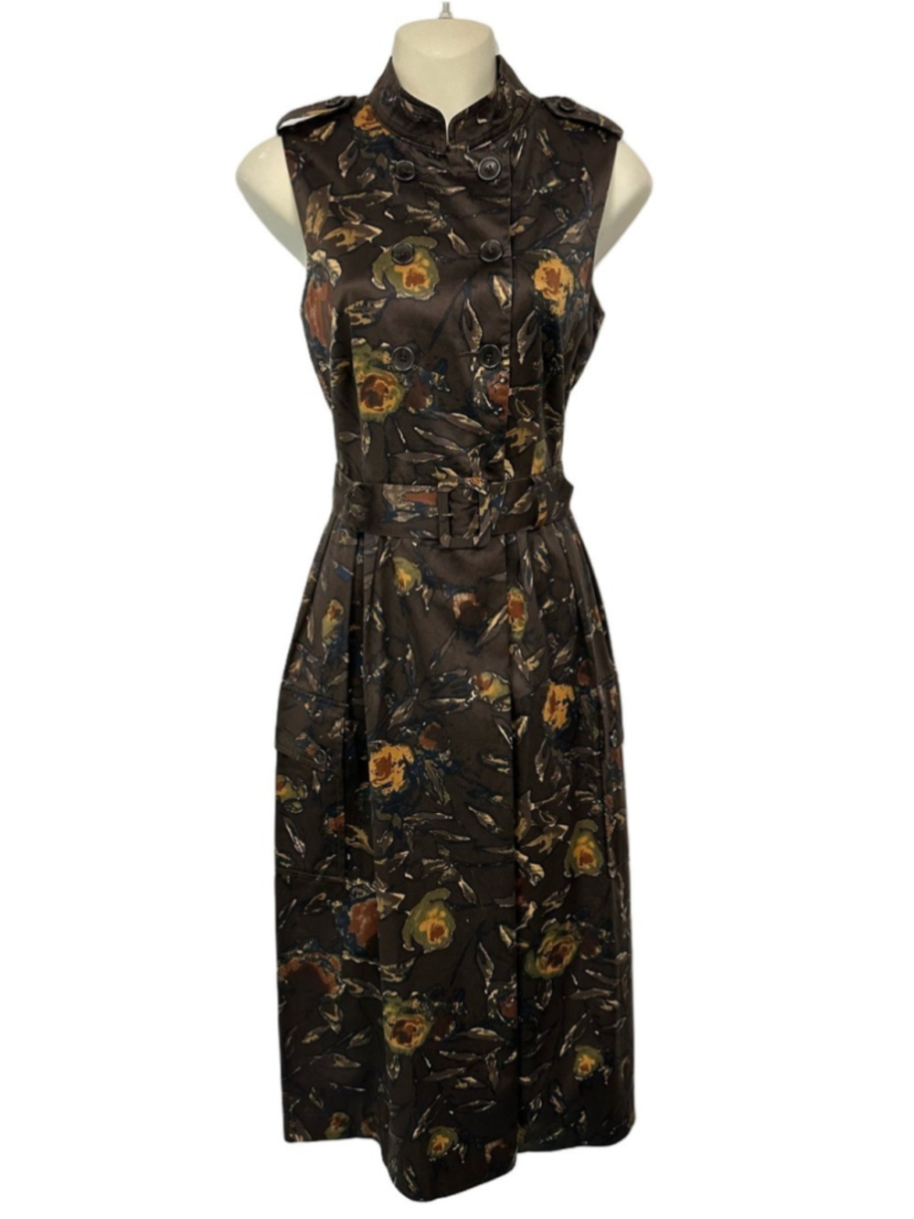 L.L. Bean Brown Cotton Poplin Belted Midi Dress Floral Sleeveless Size 2 Utility